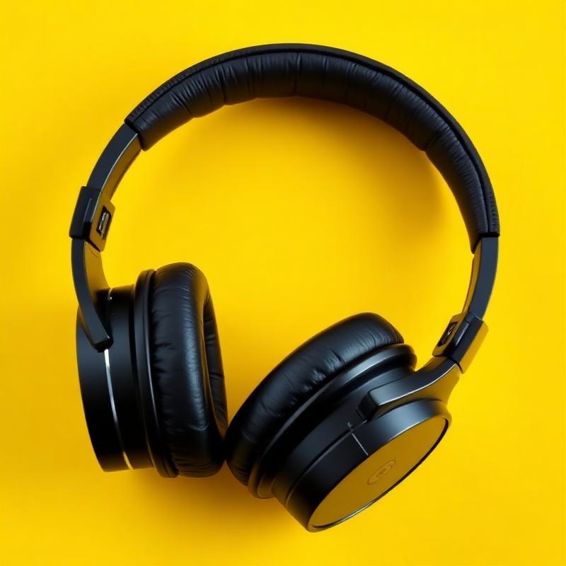 Black over-ear gaming headphones on bright yellow background