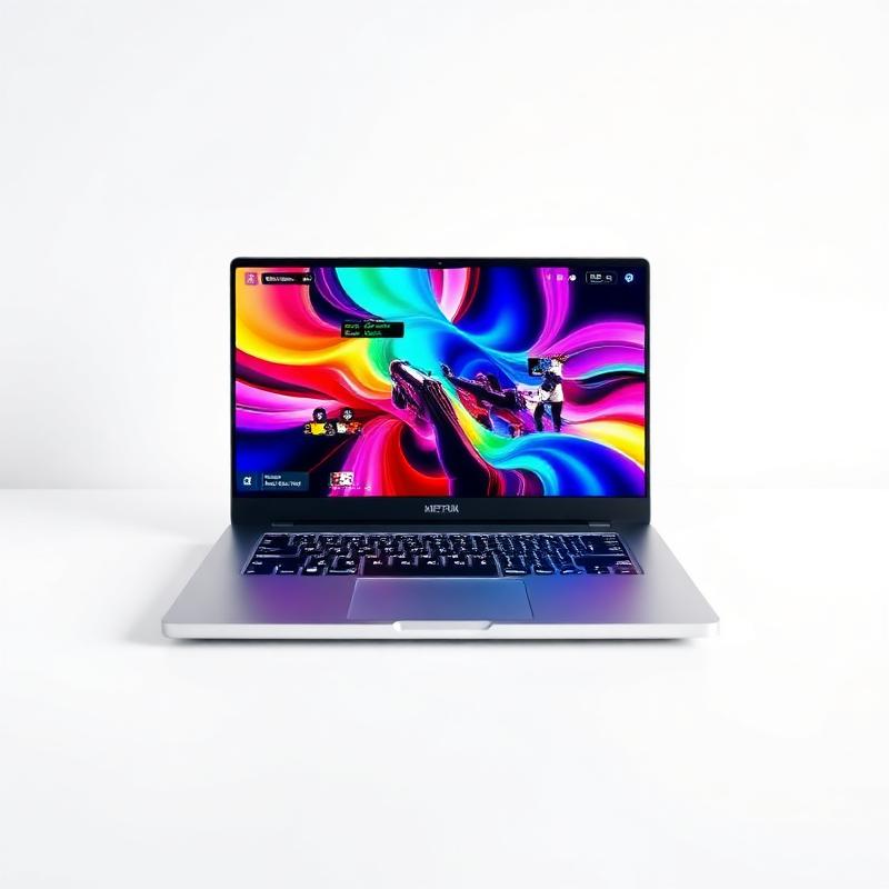 Silver laptop with colorful gaming screen on white surface
