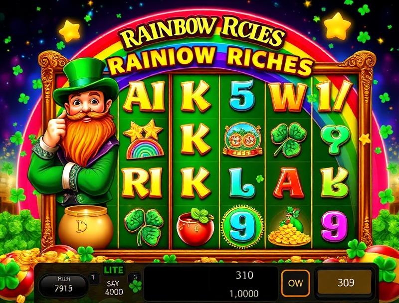 Rainbow Riches themed slot game with colorful symbols and Irish luck theme
