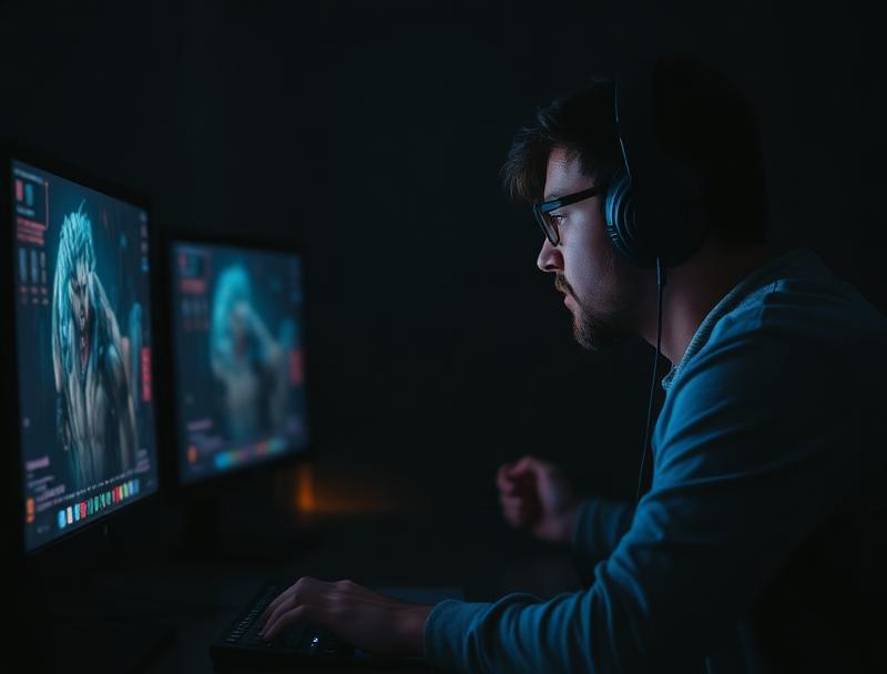 Person wearing headphones playing video game on desktop computer in dark room