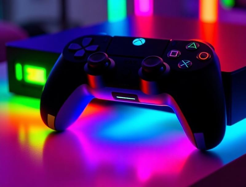 Close-up of gaming console with colorful LED lights