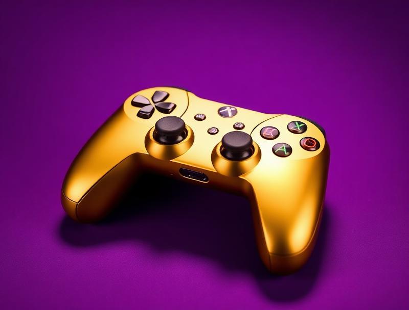 Gold-colored gaming controller on purple surface