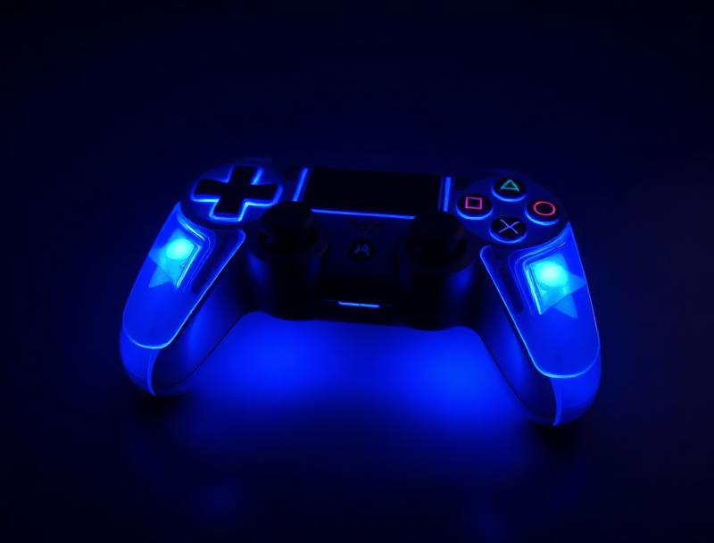 Blue-lit gaming controller on dark background