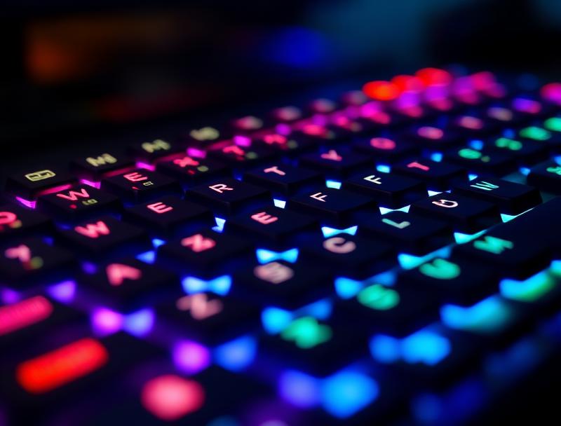 Close-up of gaming keyboard with multi-colored backlighting